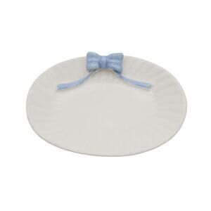 White Ceramic Oval Dish Blue Bow Trinket Plate Soap Dish Cottage Coquette Decor